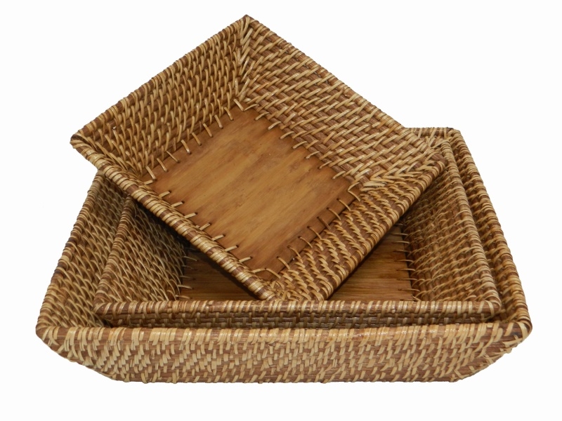 Exquisite Nested Square Rattan Bowls with Bamboo Bottoms - Sustainable Storage Solutions